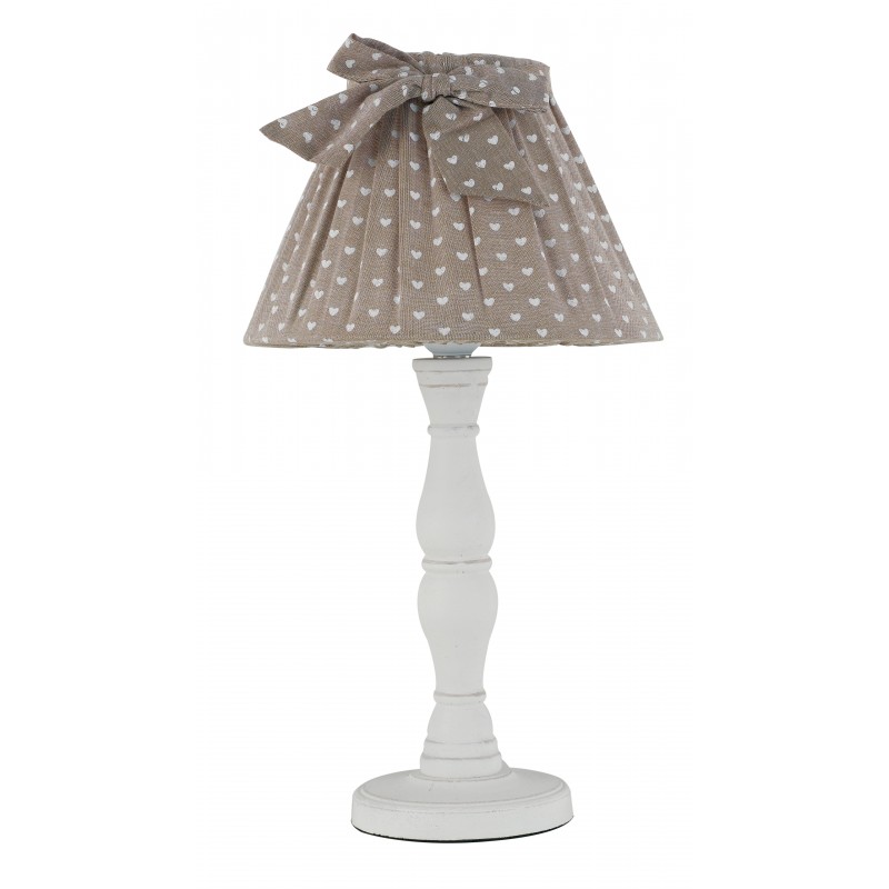 I-SWEET-LUME - Lampada da tavolo bianca con paralume in tessuto marrone e cuori bianchi 40 watt E14