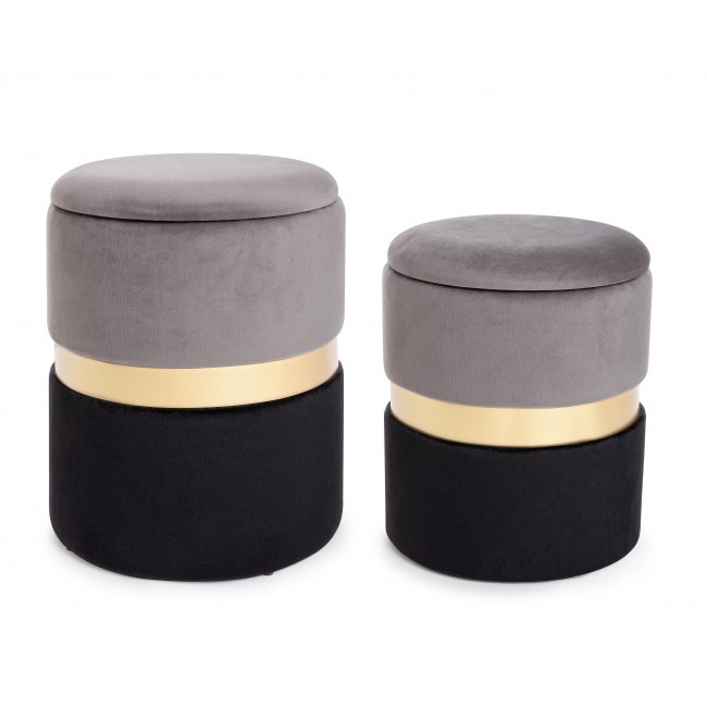 Set 2 Pouf Contenitore Nero-Grigio