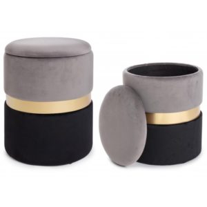 Set 2 Pouf Contenitore Nero-Grigio