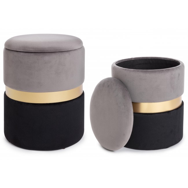 Set 2 Pouf Contenitore Nero-Grigio