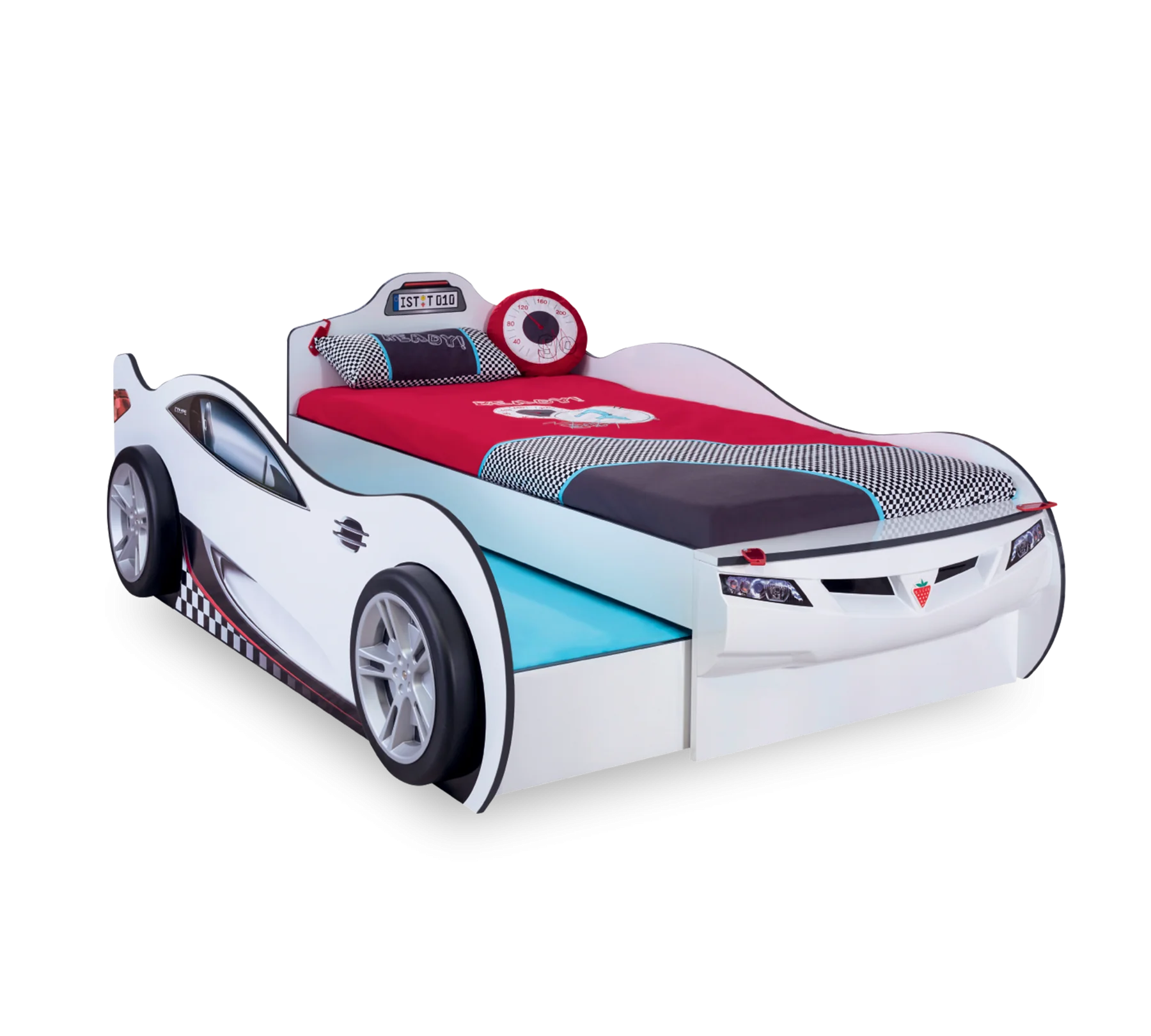 Letto auto Formula 1 bianco con cassettone