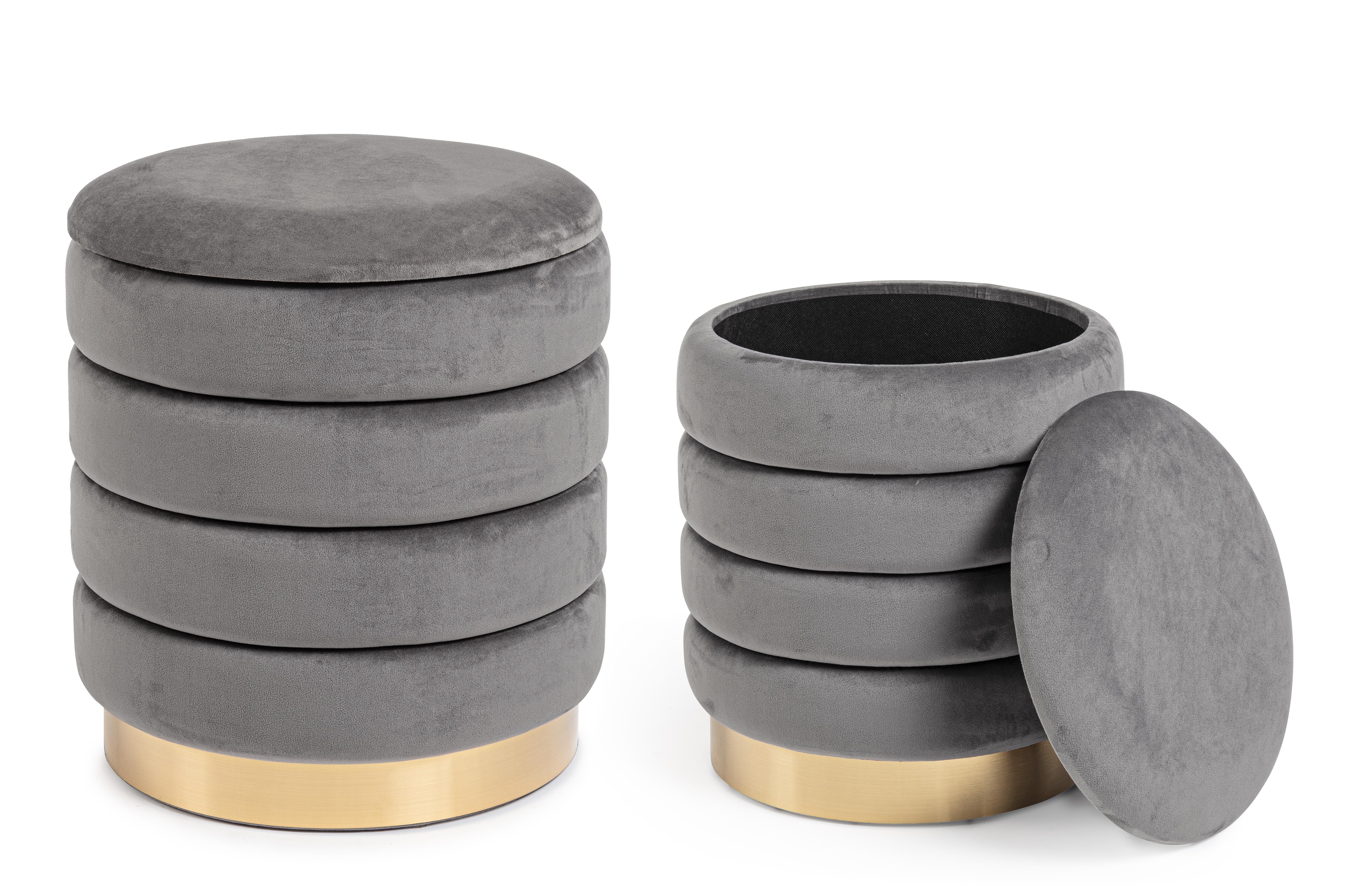 Set 2 pouf contenitori grigi base oro Ø36-ø40