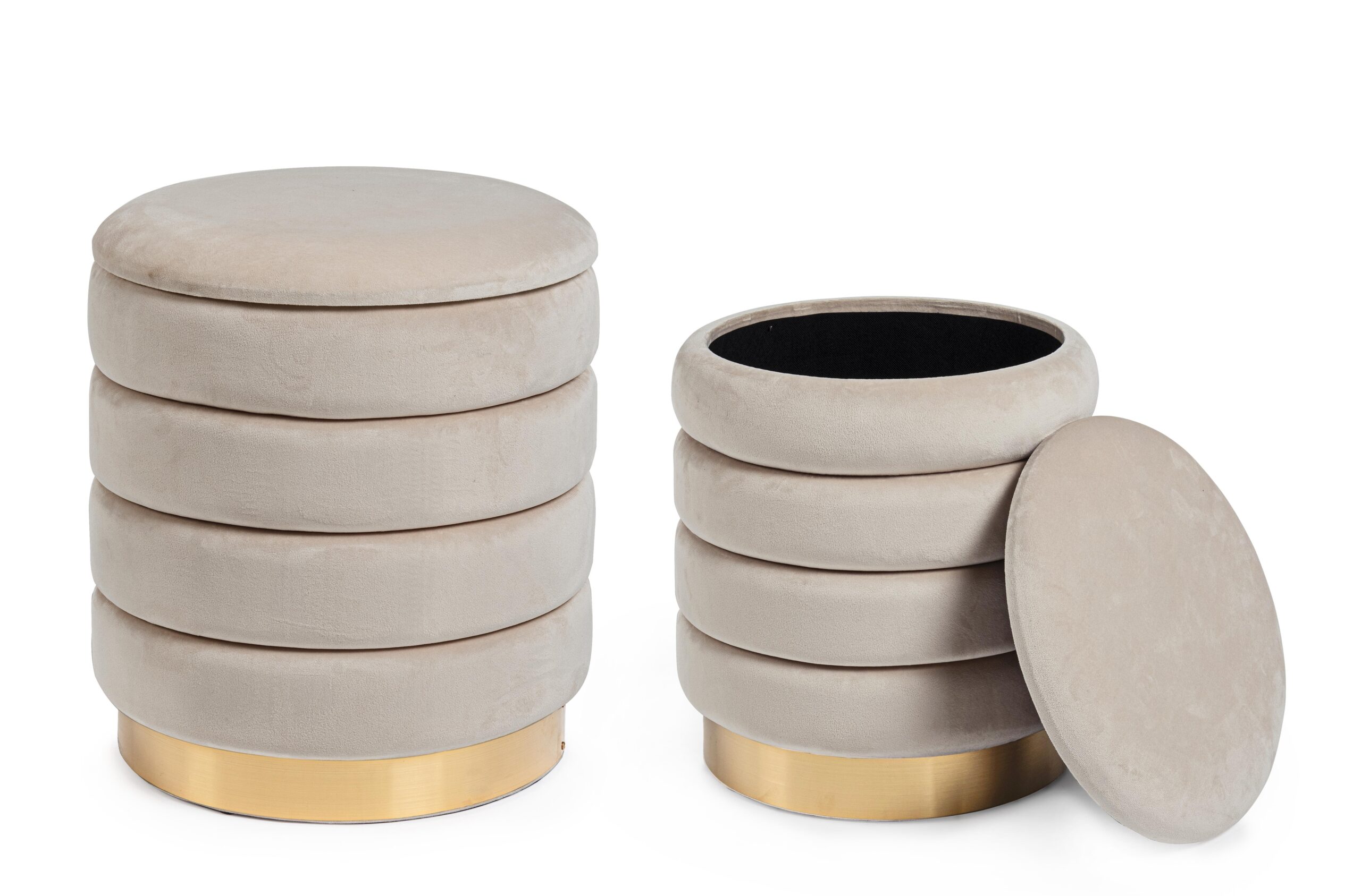 Set 2 pouf contenitori beige base oro Ø36-ø40