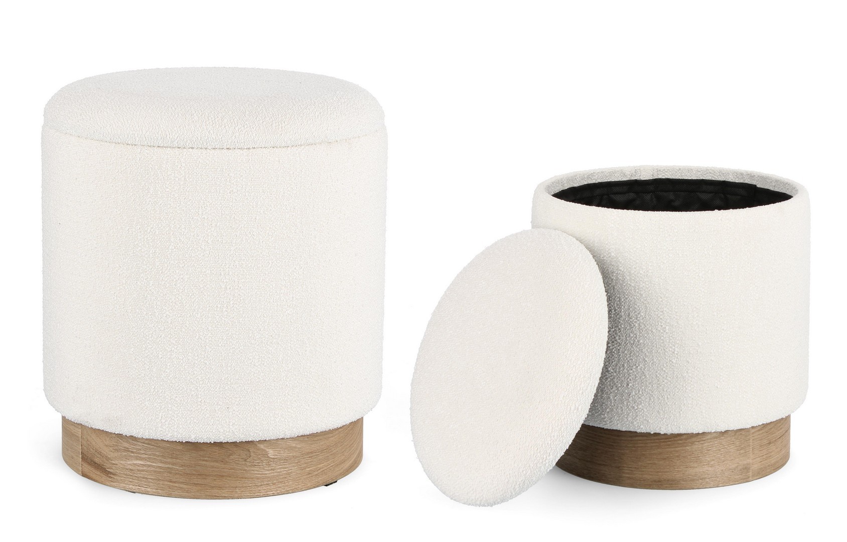 Coppia pouf contenitore bouclè e legno - immagine 3